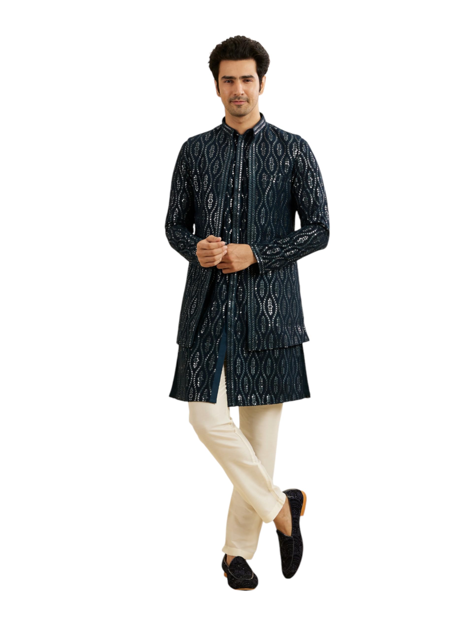 Manyavar MenS Georgette Embroidery|Sequin Work Kurta Jacket Set (Teal Blue,L)