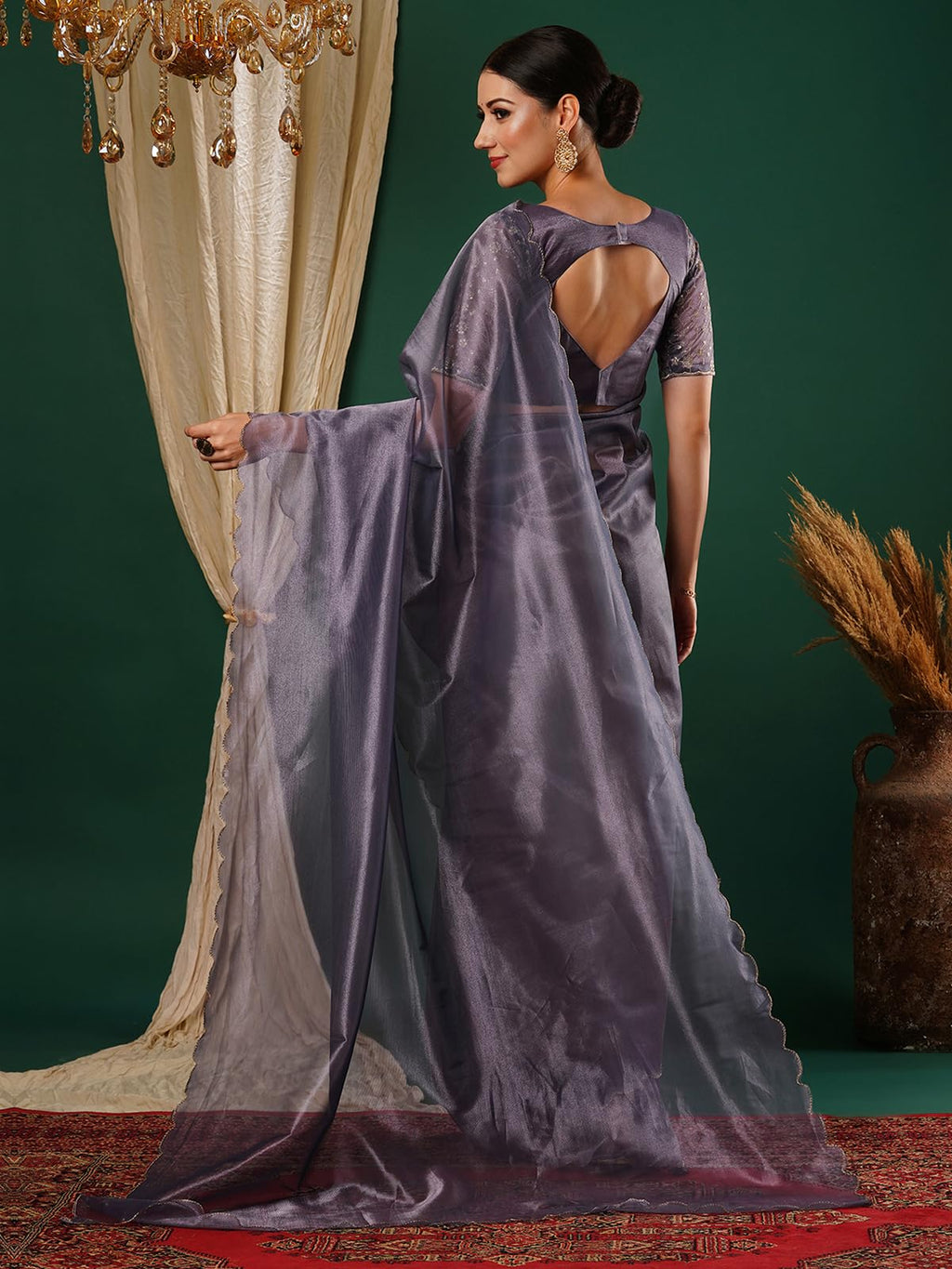 Satrani Womens Shimmer Net Embroidery And Scalloped Border Saree with Unstitched Blouse Piece