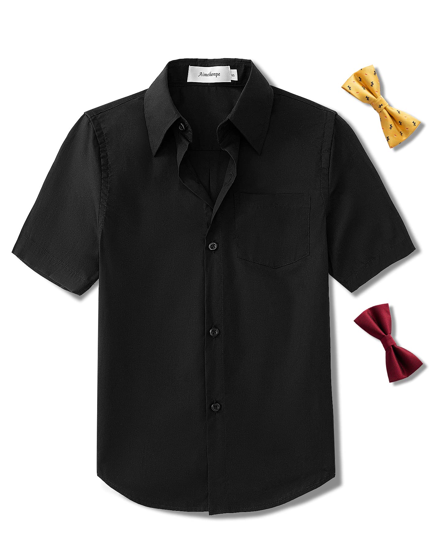 Aimehonpe Boys Short Sleeve Dress Shirts Solid Poplin Soft Stretch Fabrics with Two Bow Tie Set, Black, Large