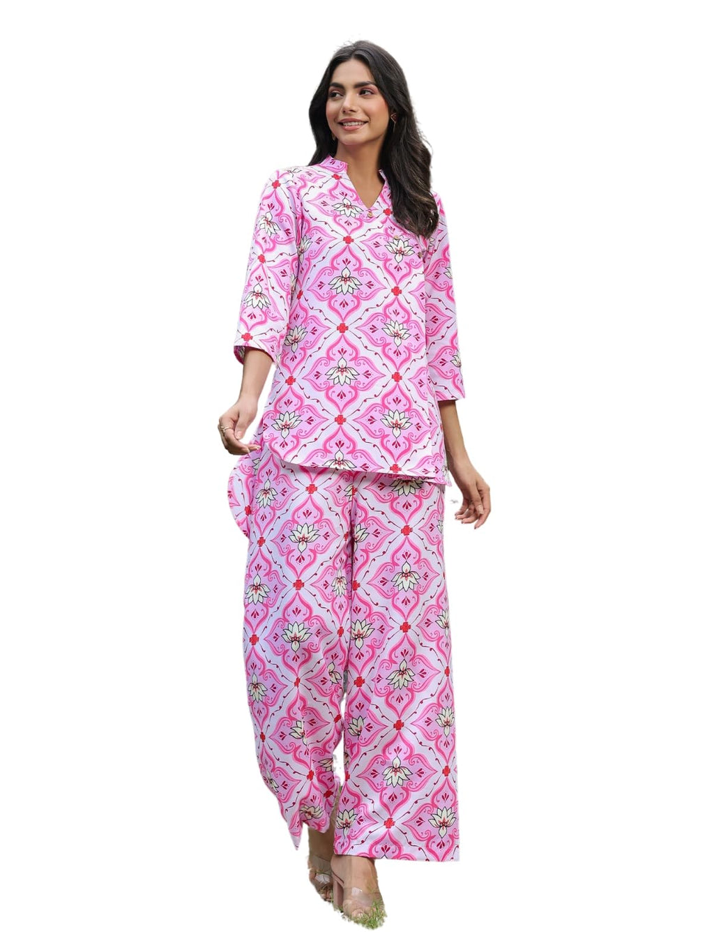 Leriya Fashion WOMEN PRINTED PARTY REGULAR FIT ETHNIC WEAR CO-ORD KURTA SET FOR WOMEN (LF-W2104&TR1059-S-PINK)