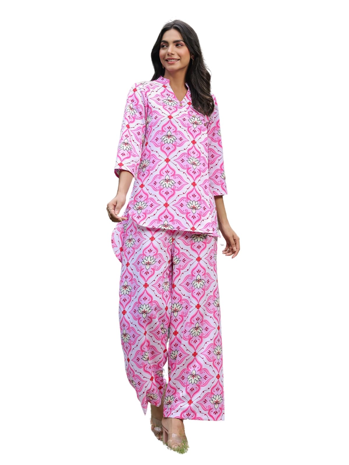 Leriya Fashion WOMEN PRINTED PARTY REGULAR FIT ETHNIC WEAR CO-ORD KURTA SET FOR WOMEN (LF-W2104&TR1059-S-PINK)
