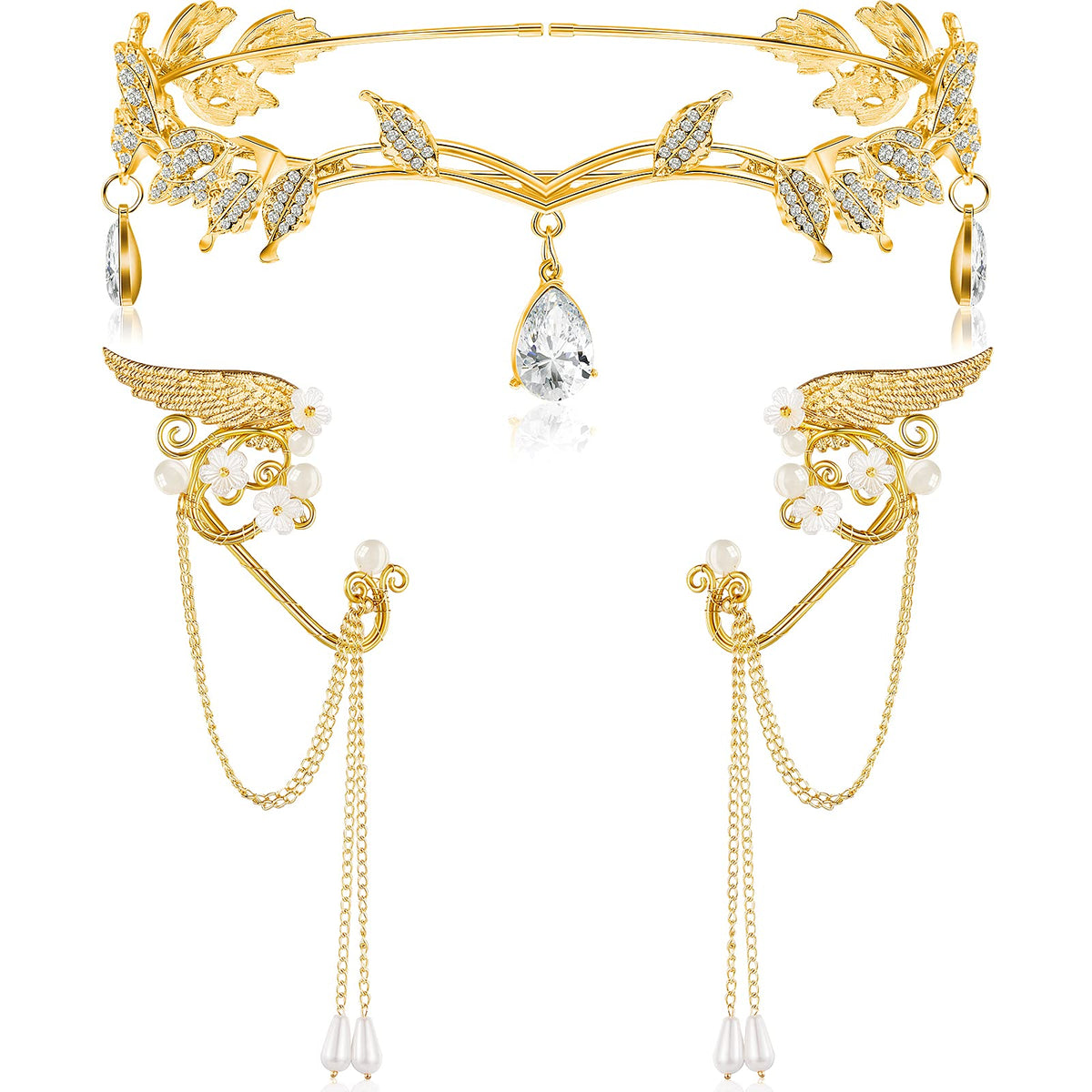 3 Pieces Rhinestone Leaf Headband And Elf Ear Cuffs Crown Headband Earrings Accessories For Cosplay Decoration (Gold) 1