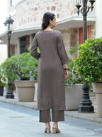 Varanga Women Taupe Crepe Round Neck Kurta with Bottom, Three-Quarter Sleeves, Straight Cut, Side Slit, Tonal Bottom