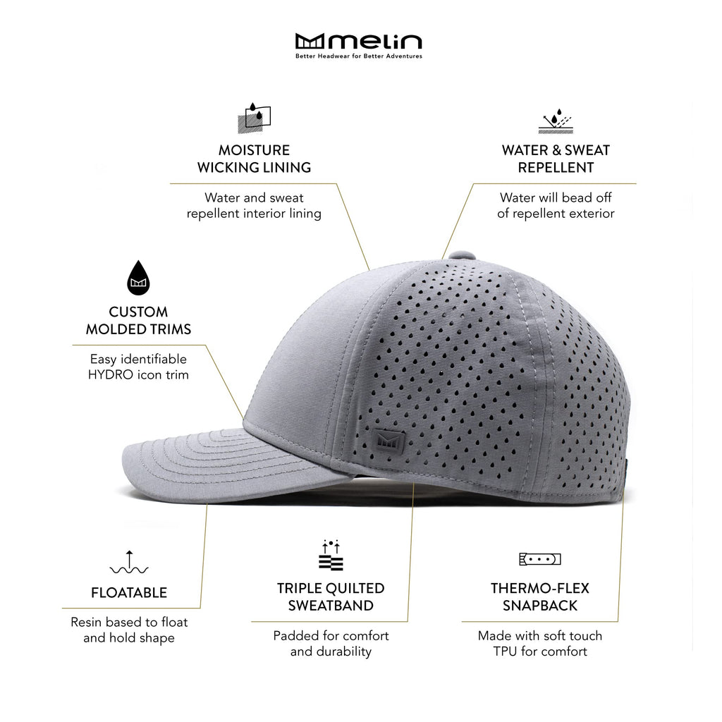 melin A-Game Hydro, Performance Snapback Hat, Water-Resistant Baseball Cap for Men & Women, Heather Grey, Medium-Large