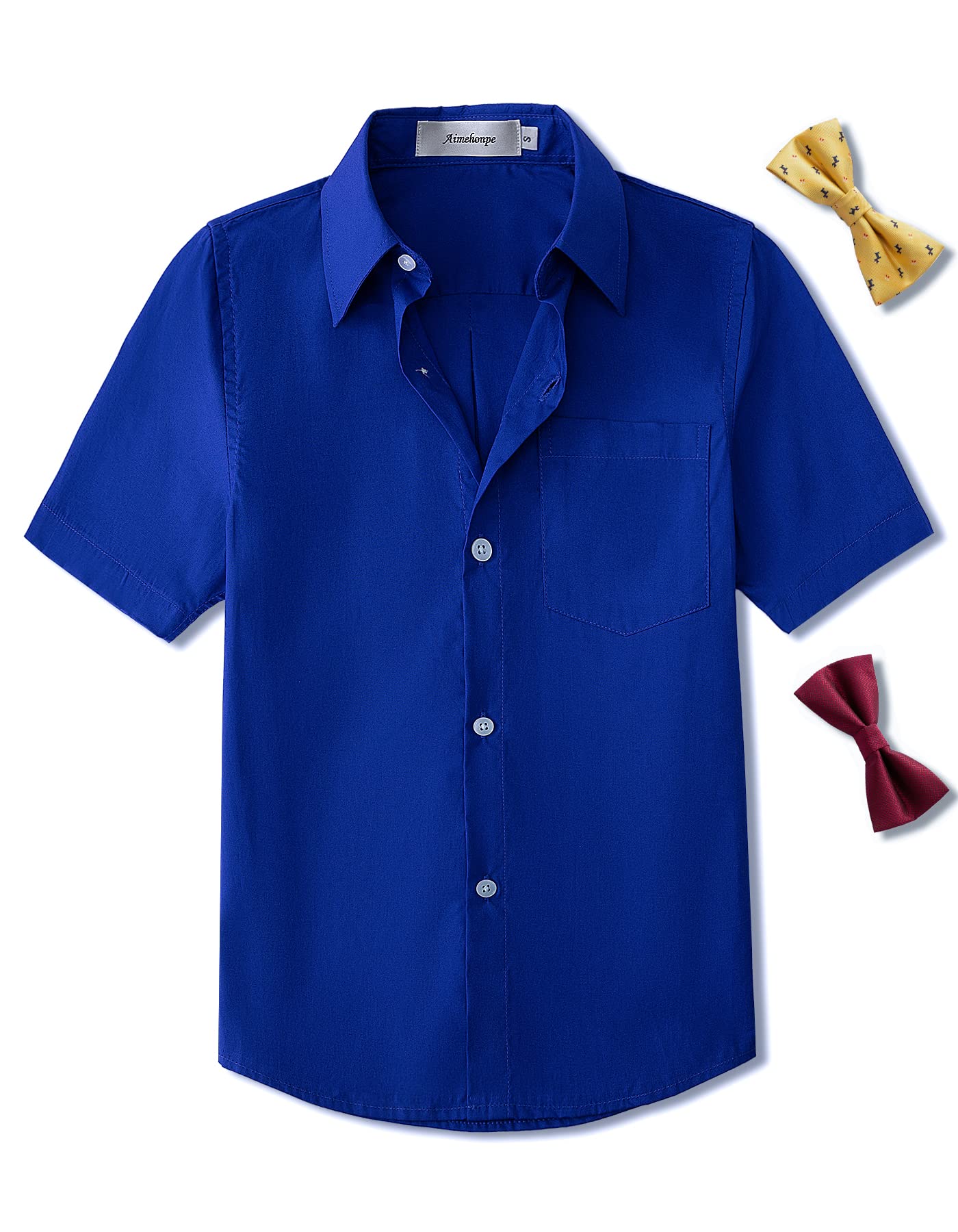 Aimehonpe Boy's Short Sleeve Cotton Dress Shirt and Bow Tie Formal Uniform Solid Button-Down Shirts, RoyalBlue, XX-Large