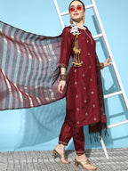 Ishin Women'S Maroon Embroidered A-Line Kurta With Toruser & Dupatta