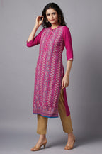 Aurelia Women'S Viscose Pink Floral Round Neck Straight Kurta