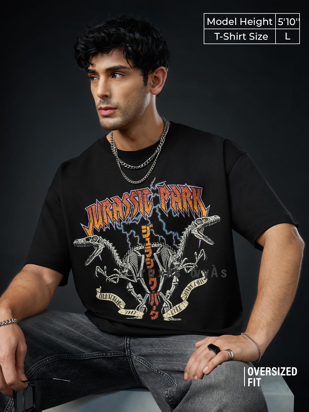 The Souled Store Jurassic Park: Rockstar Men and Boys Short Sleeves Round Neck Black Graphic Printed Cotton Oversized T-Shirts