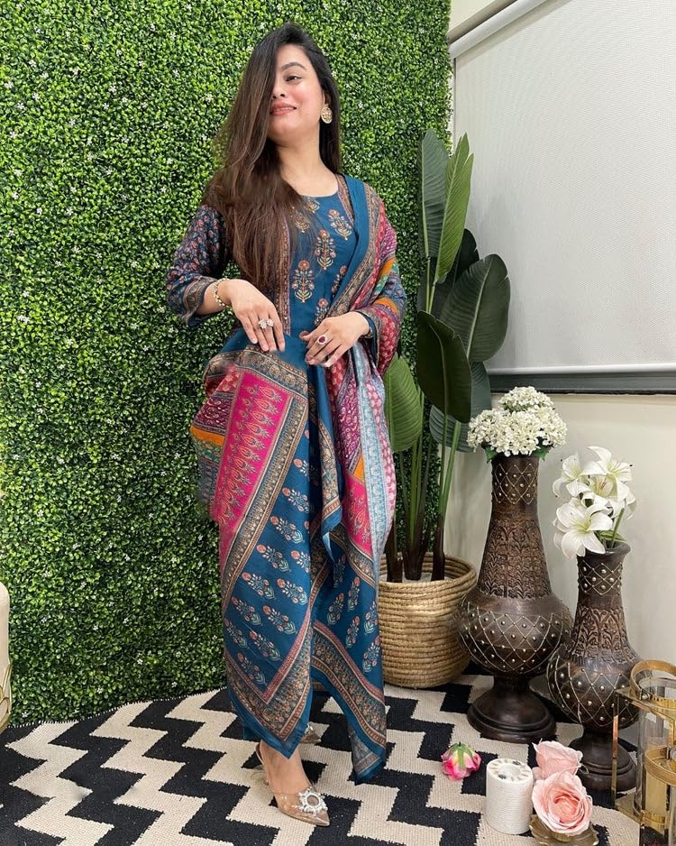 ANNI DESIGNER Womens Rayon Viscose Printed Straight Kurta with Pant & Dupatta (Sula Multi_L_Multicolor_Large)