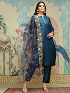 Ishin Notch Neck Thread Work Silk Crepe Straight Kurta With Trousers & Dupatta | Kurta Set For Women | Kurta With Trousers And D