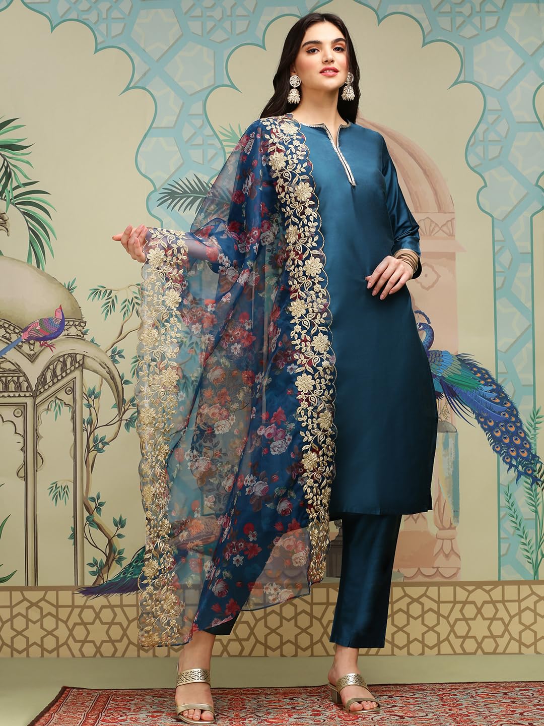 Ishin Notch Neck Thread Work Silk Crepe Straight Kurta With Trousers & Dupatta | Kurta Set For Women | Kurta With Trousers And D
