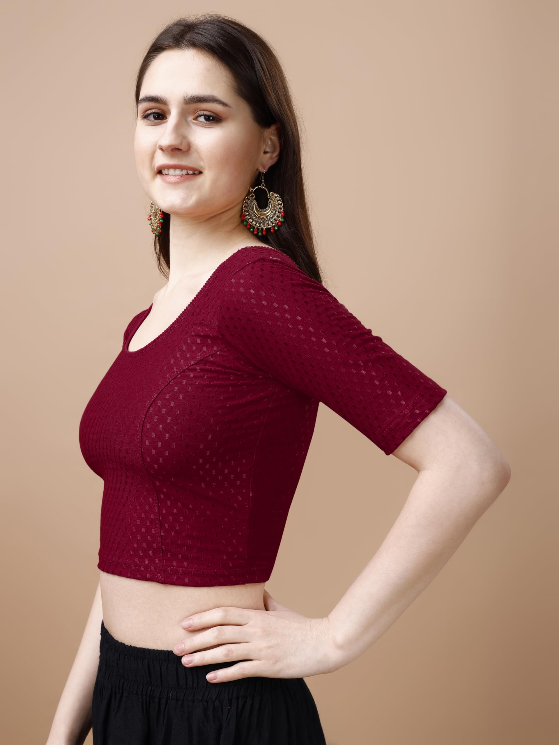 Pujia Mills WomenS Readymade Dobby Cotton Lycra Stretchable Round Neck Half Sleeve Blouse Fancy Maroon Color Lycra Stretchable