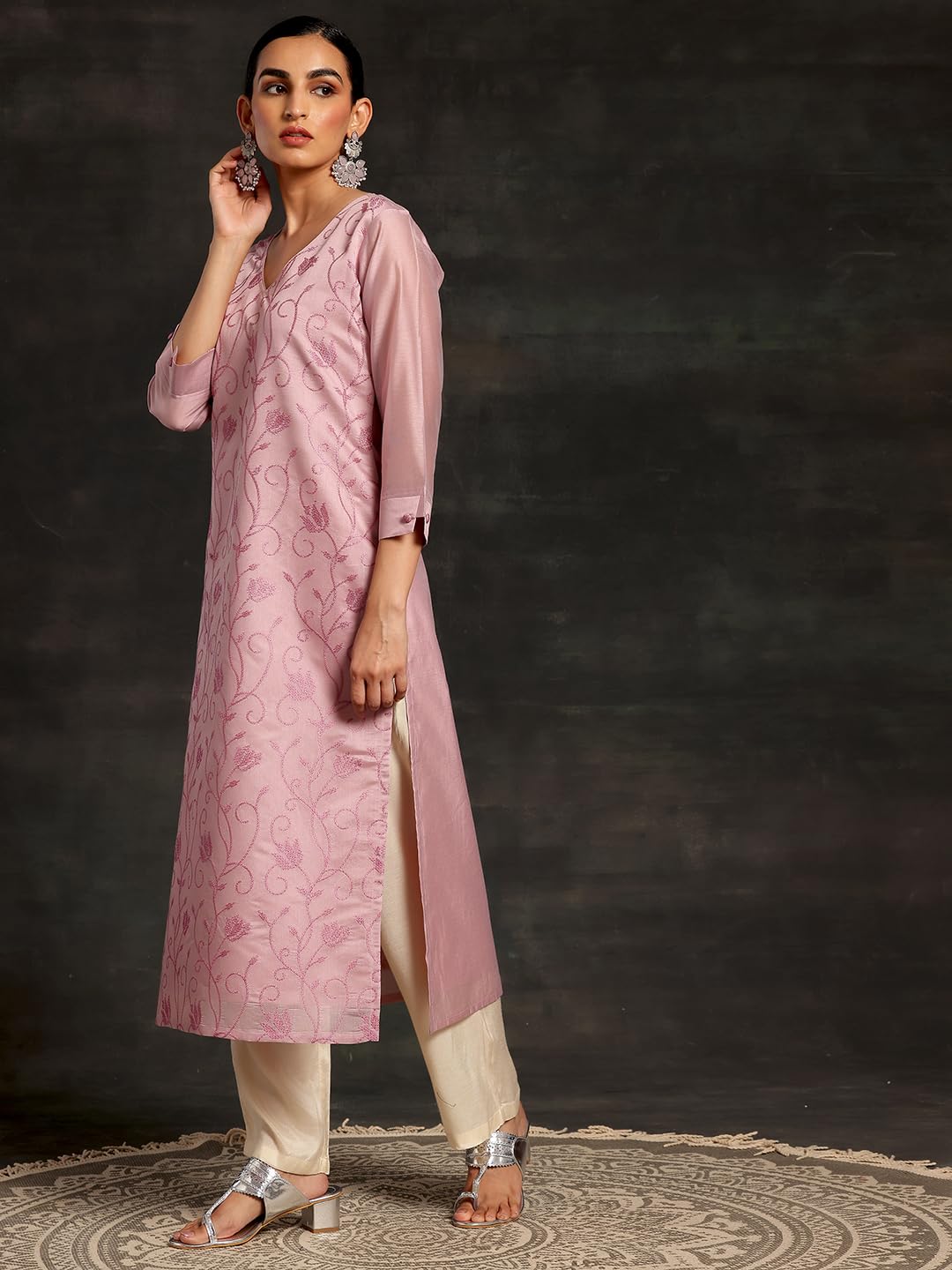 Libas Mauve Embroidered Silk Straight Kurta