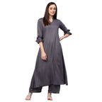 Idalia Rayon Solid A-Line Grey Kurta Set For Women Stylish Boat Neck Design Kurta Set With Palazzo Pant Set For Wedding & Festiv