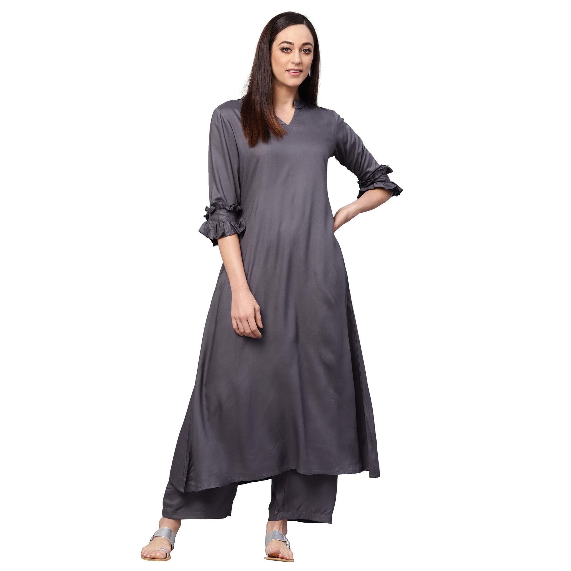 Idalia Rayon Solid A-Line Grey Kurta Set For Women Stylish Boat Neck Design Kurta Set With Palazzo Pant Set For Wedding & Festiv