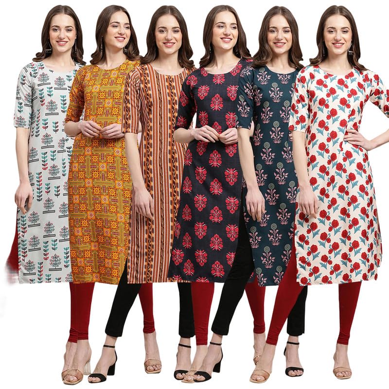 Pinkmint Printed Kurti for Womens ll Straight Kurtis for Womens ll Stylished Kurti (Pack of 6)