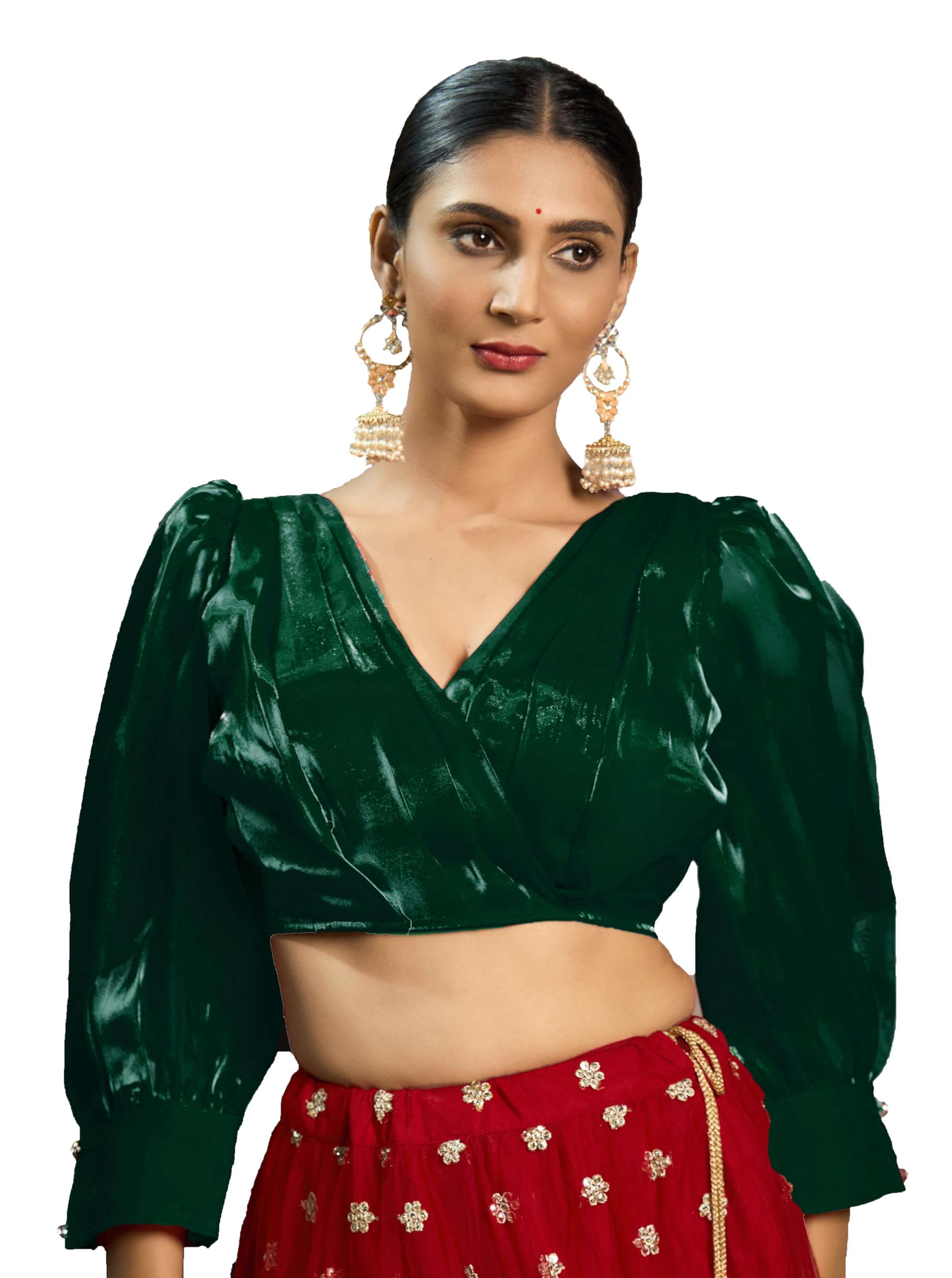 Pujia Mills Womens Rafale Silk Full Balloon Sleeve V Neck Blouse(Gangu) (Green, 42)
