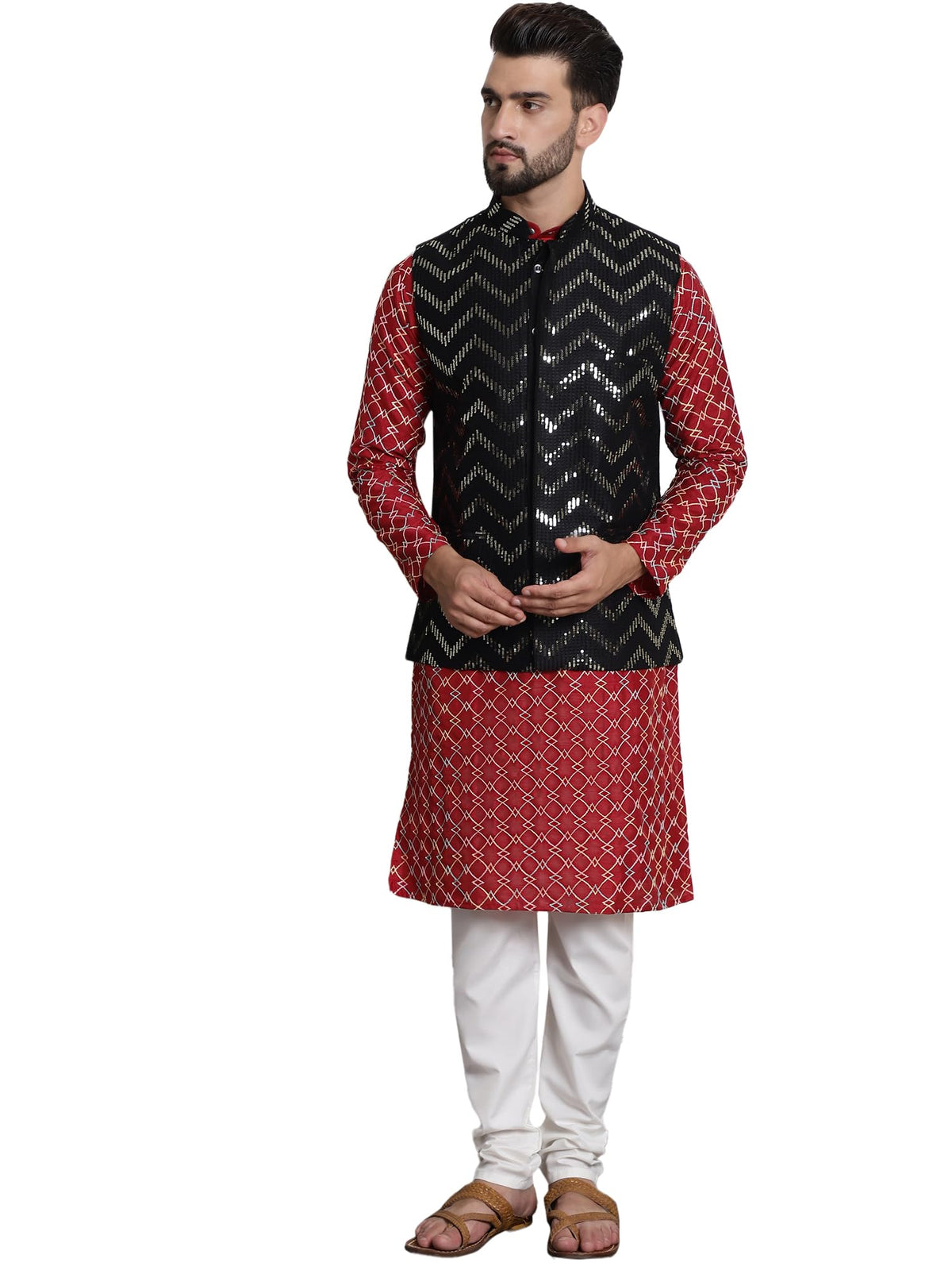 SOJANYA (Since 1958 Mens Silk Blend Maroon Kurta and Off-White Solid Pyjama With Black Nehrujacket