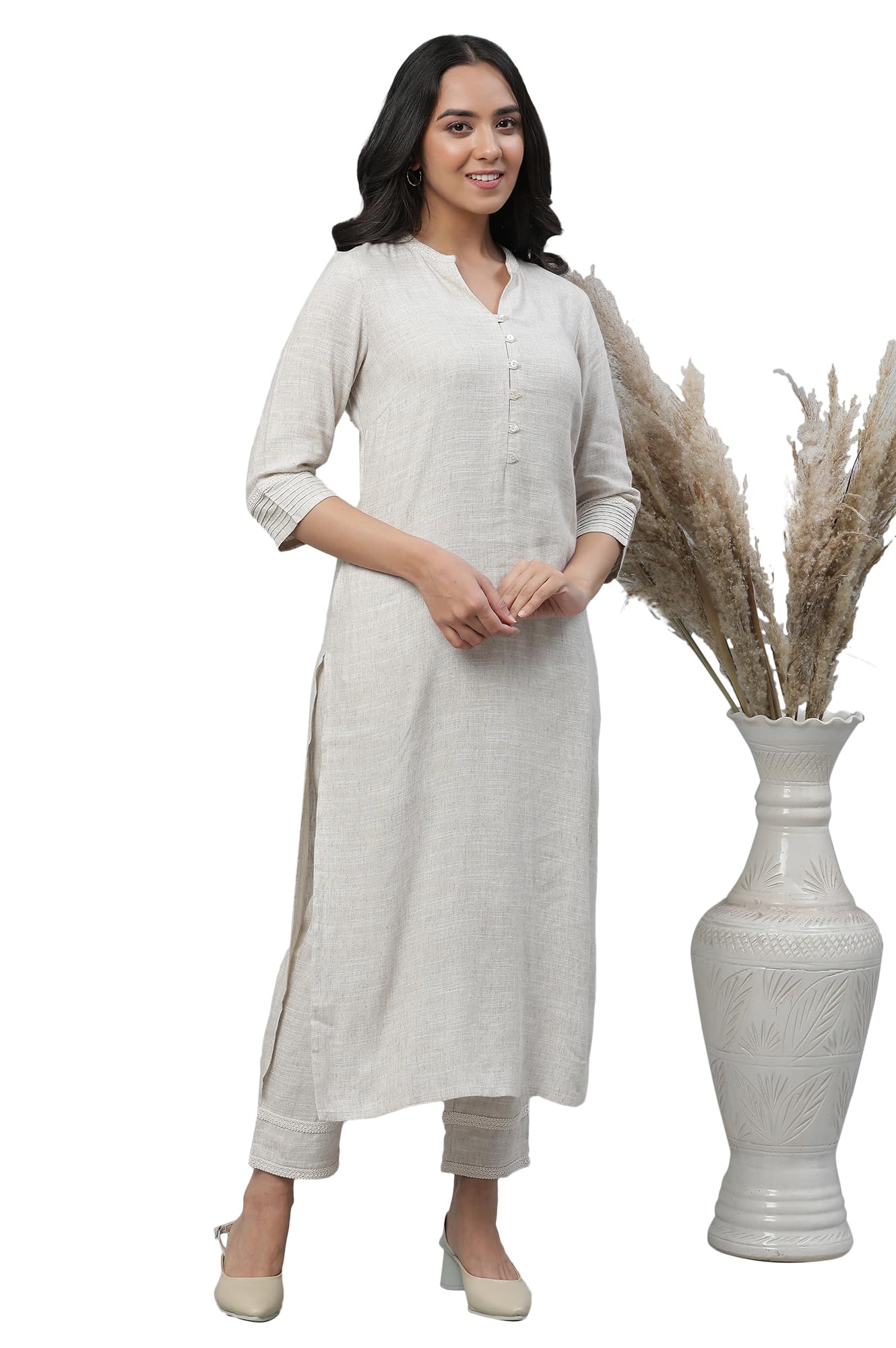 Aurelia Beige Kurta & Trousers Co-Ord Set (Size: M)-24Feas14315-704174