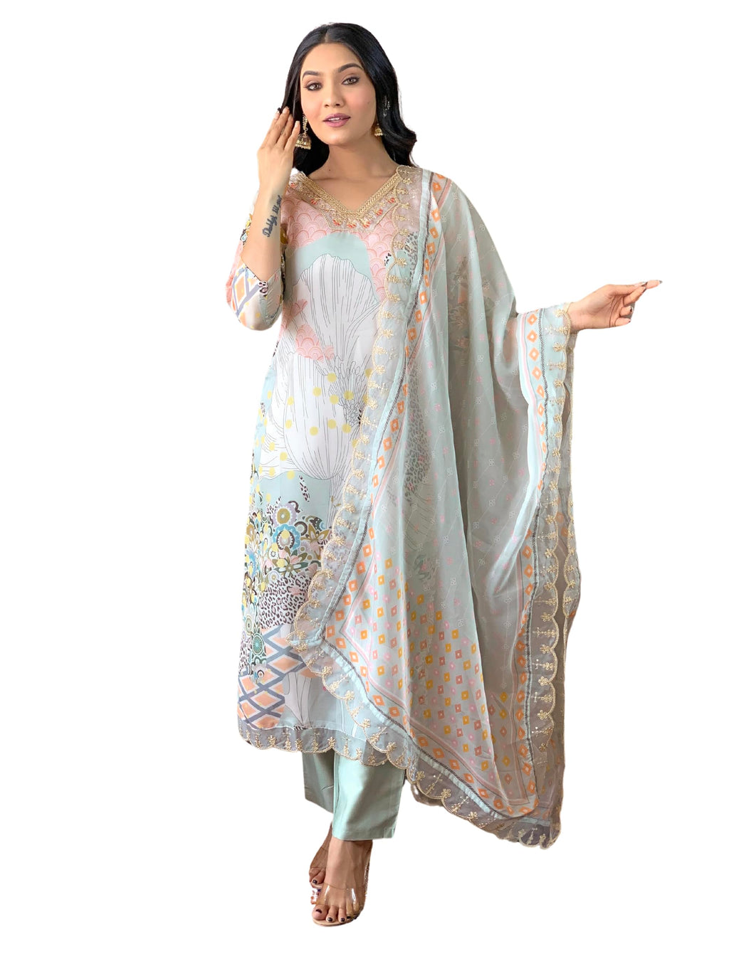 Naixa WomenS Pista Organza Embroidered Straight Kurta With Rayon Pant And Organza Laced Dupatta Sets (Nx-453-Pista-Xs)