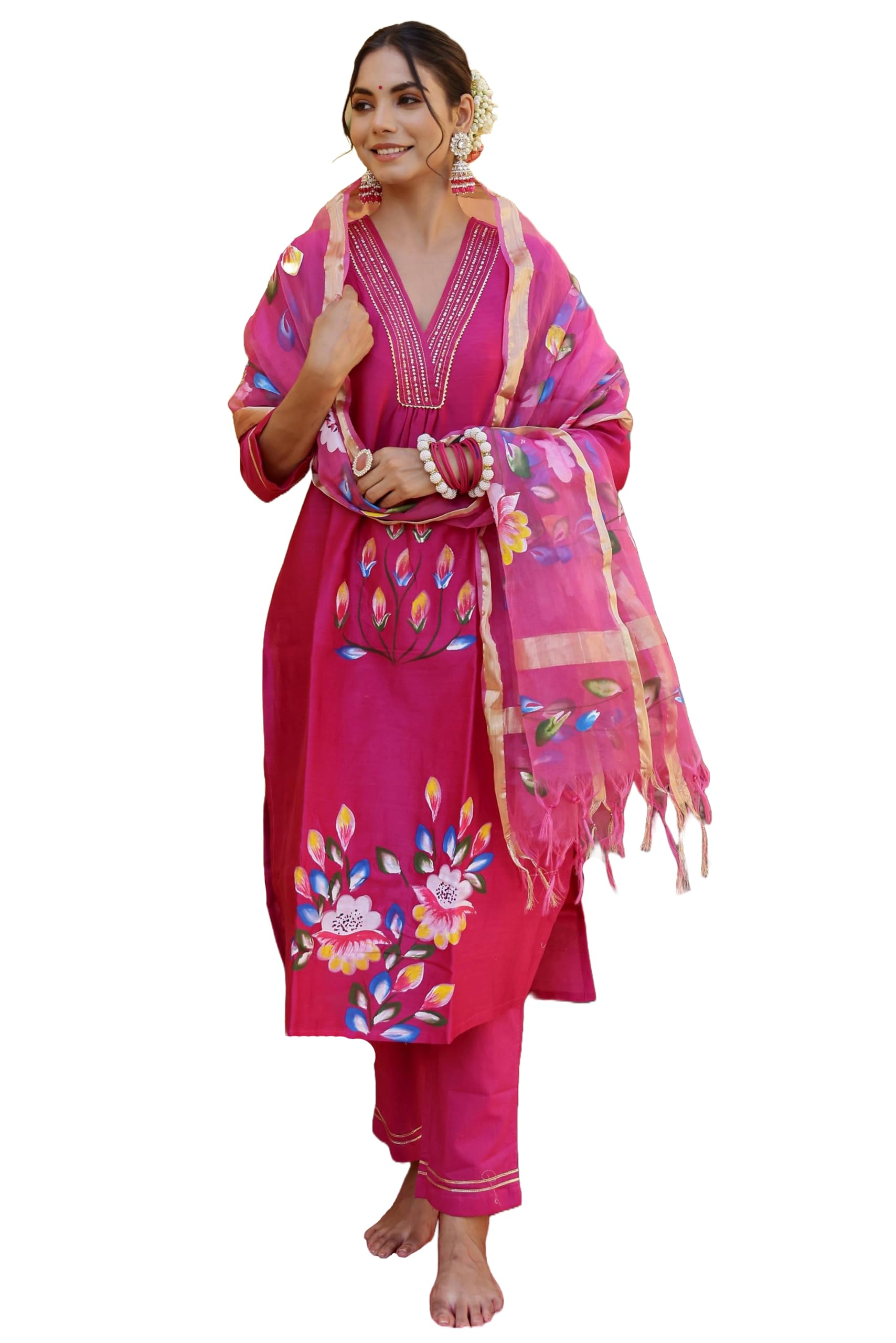 ANNI DESIGNER Womens Rayon Blend Printed Straight Kurta with Pant & Dupatta (Sanskrit Rani_XL_Pink_X-Large)