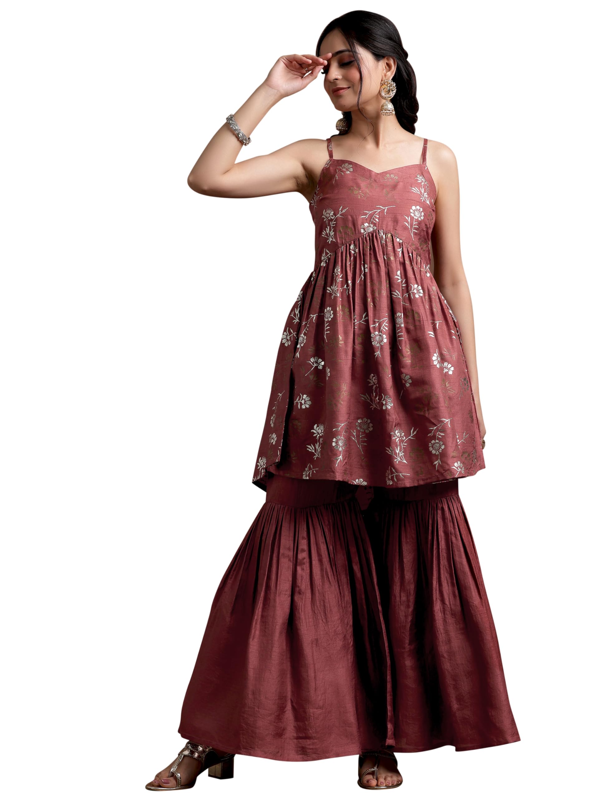 Libas WomenS Silk Blend A-Line Above Knee Kurta Set (35736_Brown