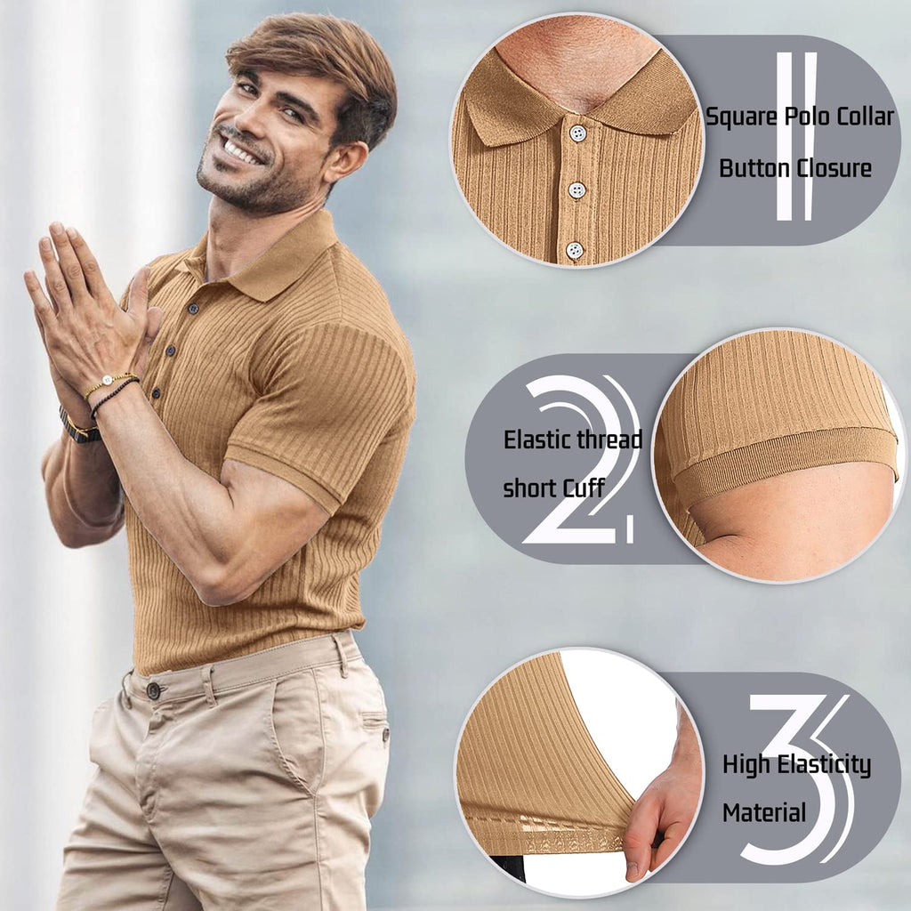 Muscle Polo Shirts for Men Slim Fit Short Sleeve Golf Shirts Men Dry Fit Shirts Casual Stylish Clothes Khaki