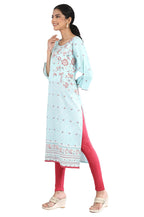 Aurelia Women'S Viscose Blue Geometric Round Neck Straight Kurta Set