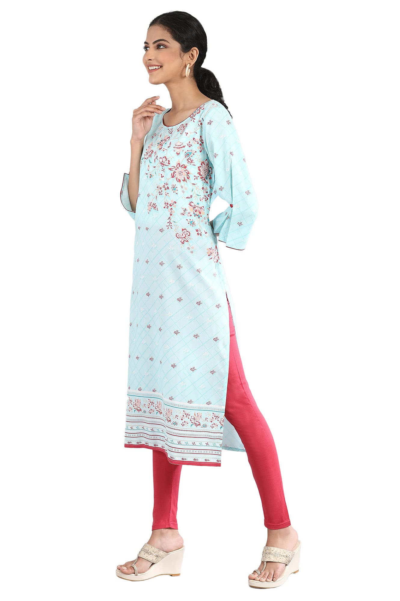 Aurelia Women'S Viscose Blue Geometric Round Neck Straight Kurta Set