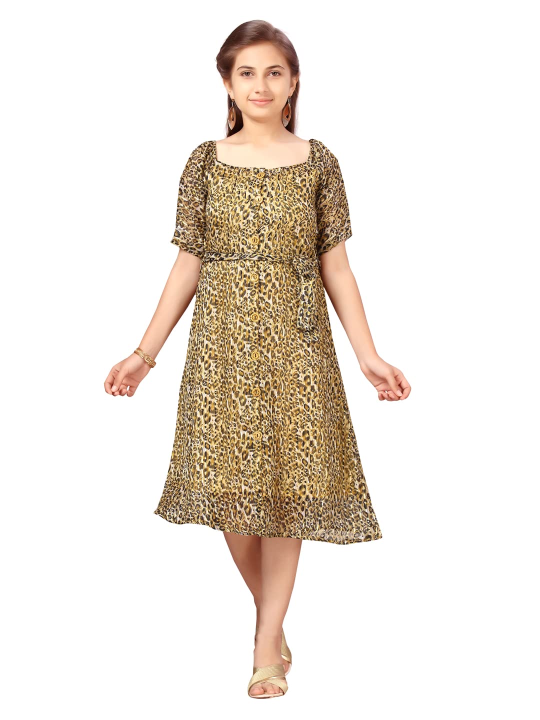 Aarika Girls Cotton Fit and Flare Below The Knee Dress (MD-A-22525_Yellow_36)