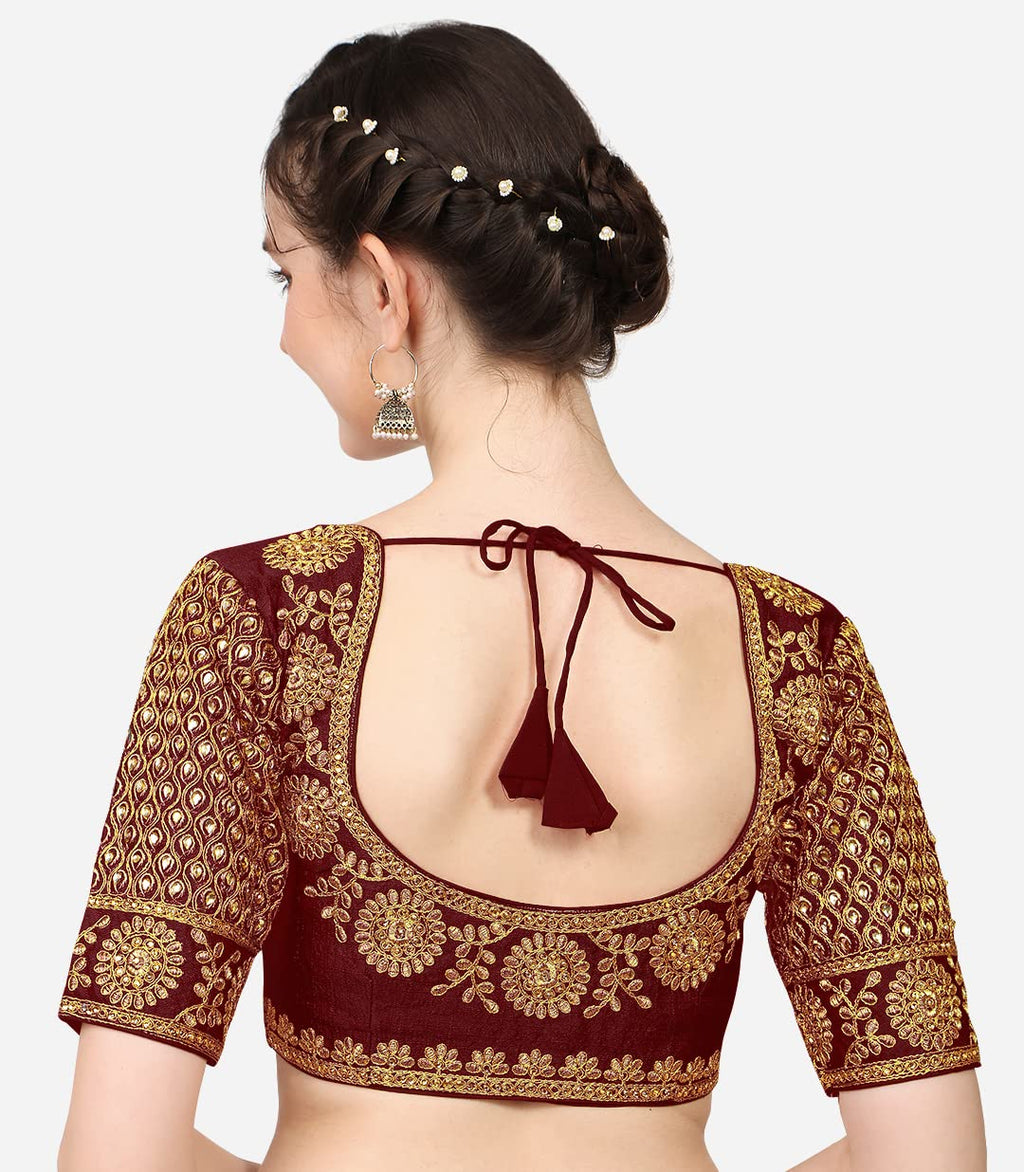 Vihu Fashion Womens Multicolor Heavy Hand Morpankh Sleeves Embroidery Thread Stone Work Phantom Silk Readymade Blouse for Saree