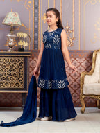 Aarika Girls Ethnic Wear Teal Blue Colour Sequin Thread Embroidery Georgette Kurti Sharara Set (4-15 Years)