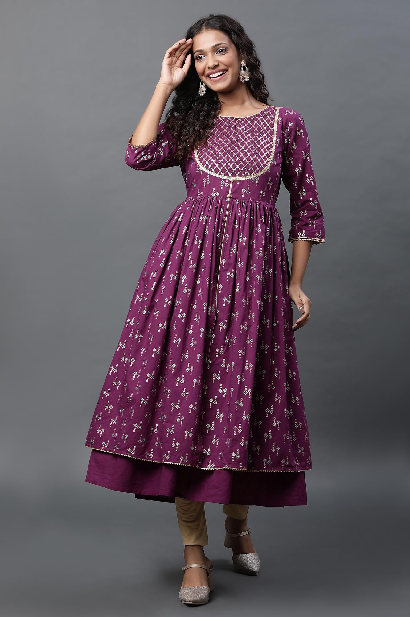 Aurelia Purple Geometric Printed Printed Lace Cotton Anarkali Kurta
