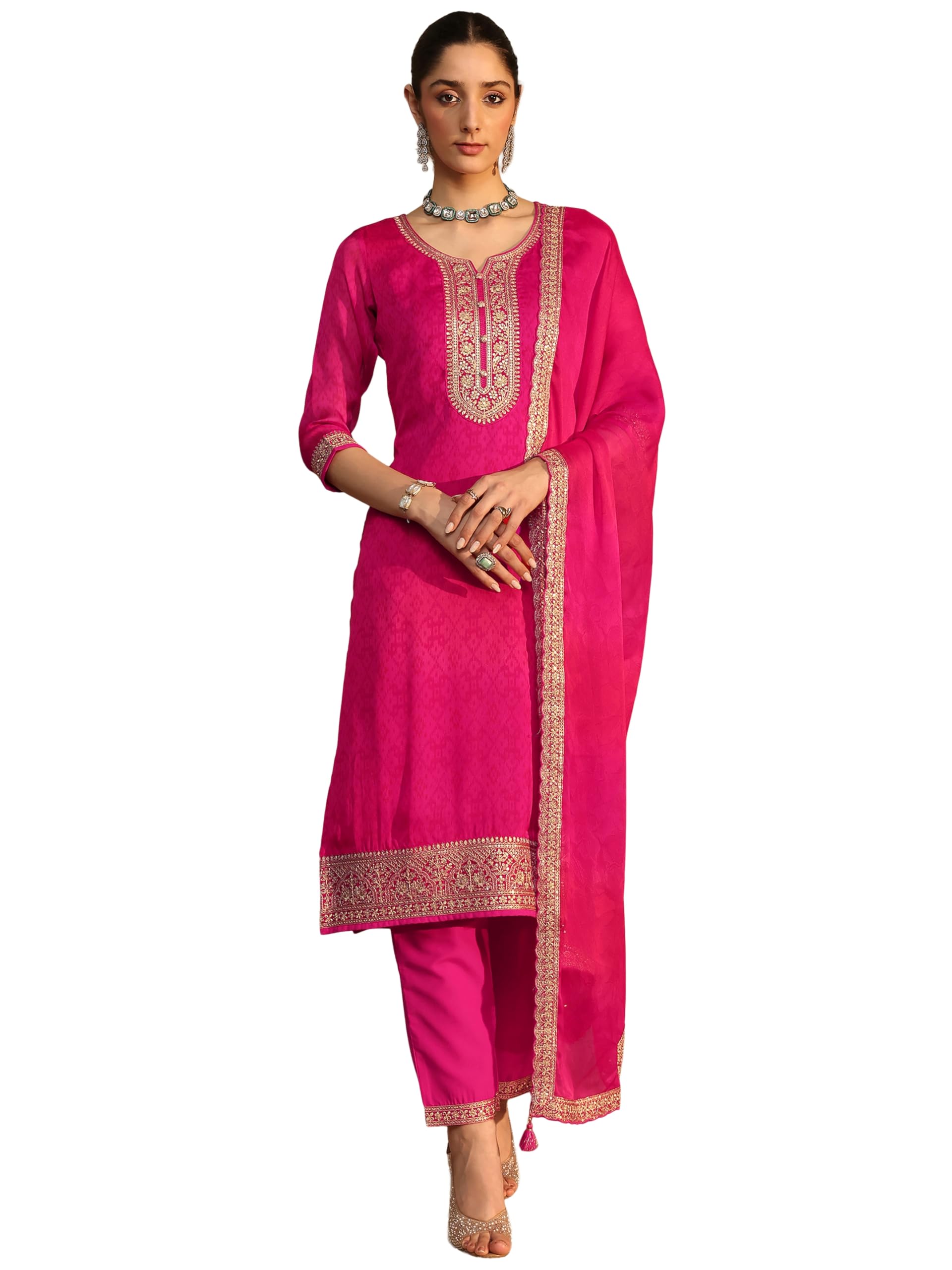 Libas Printed Chiffon Straight Kurta With Trousers And Dupatta-93076Xxl