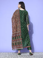 Varanga Women Green Floral Printed Kurta Paired With Tonal Bottom And Thread Embroidered Dupatta