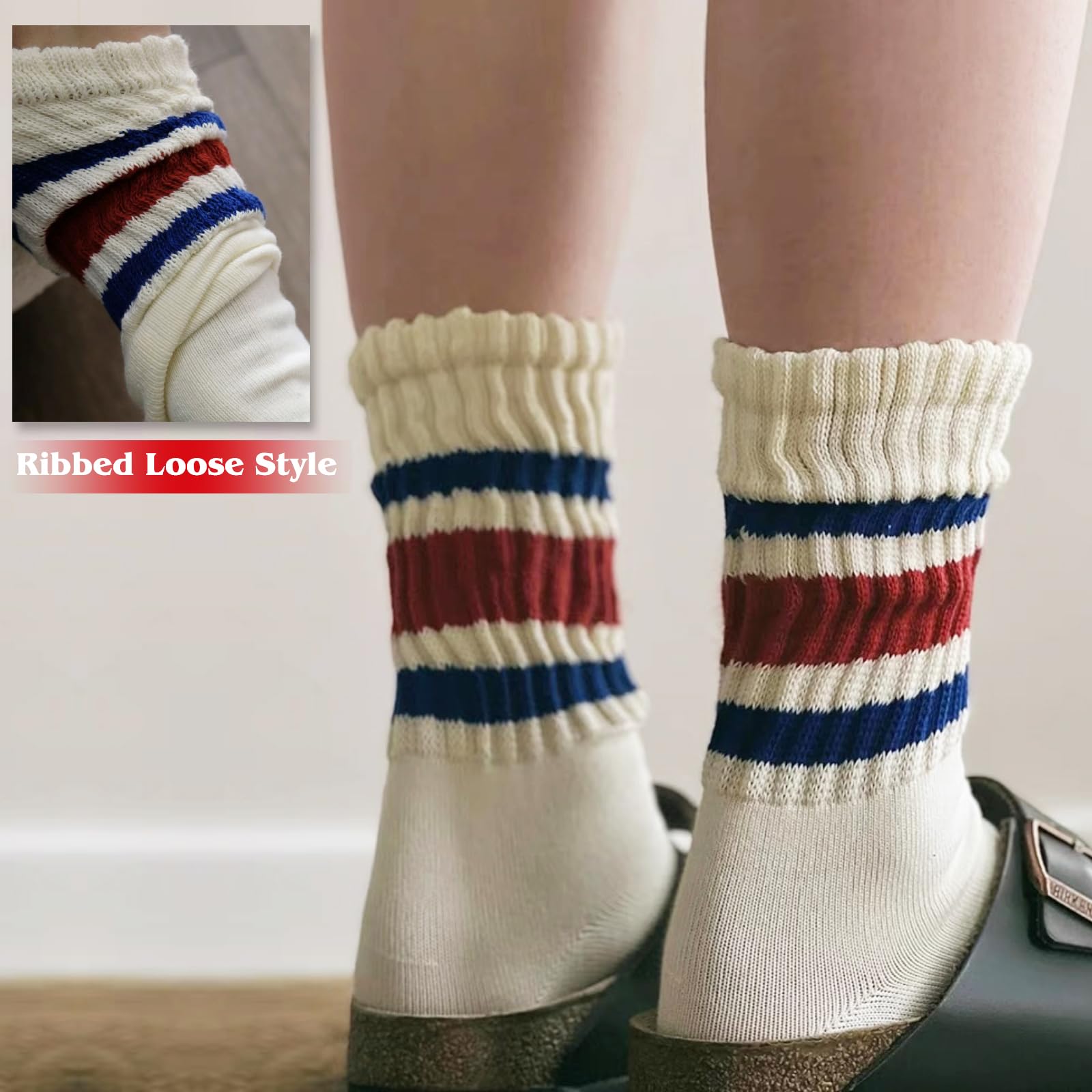 Fszsaa 3Pairs Fun Novelty Socks For Women Striped Retro Crew Socks Sporty Calf Socks Casual Cotton Socks Women