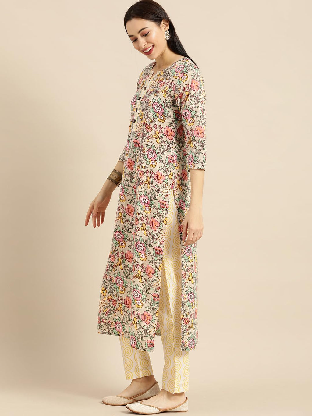 Varanga Sea Green And Mustard Floral Printed Straight Kurta With Printed Trouser