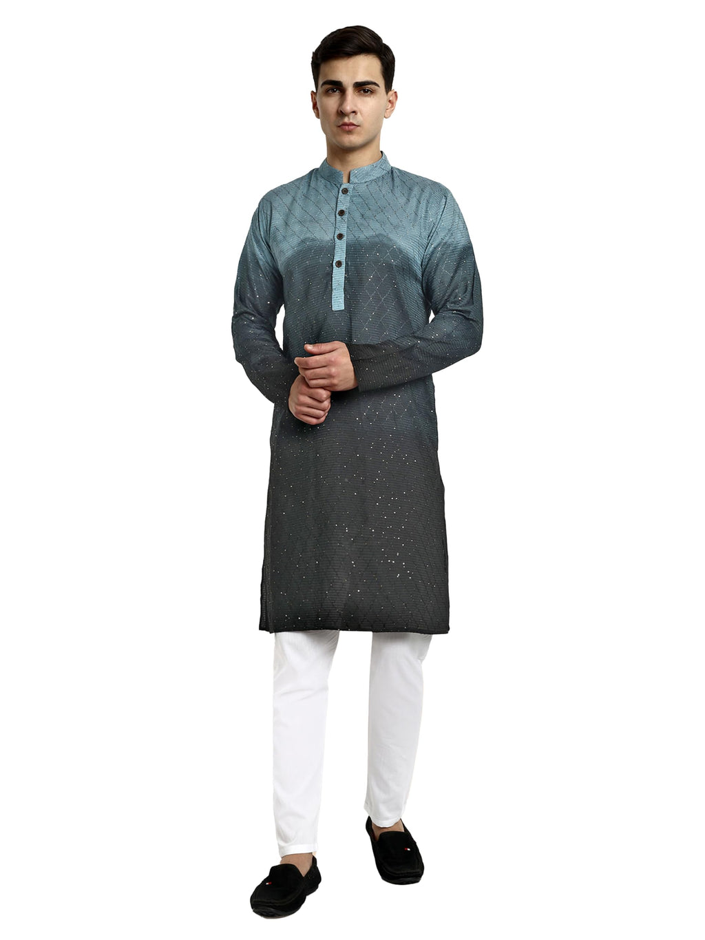 Vardha MenS Cotton Chikankari Embroidered And Sequence Full Sleeve Knee Length Casual Kurta For All Occations Like Wedding, Off