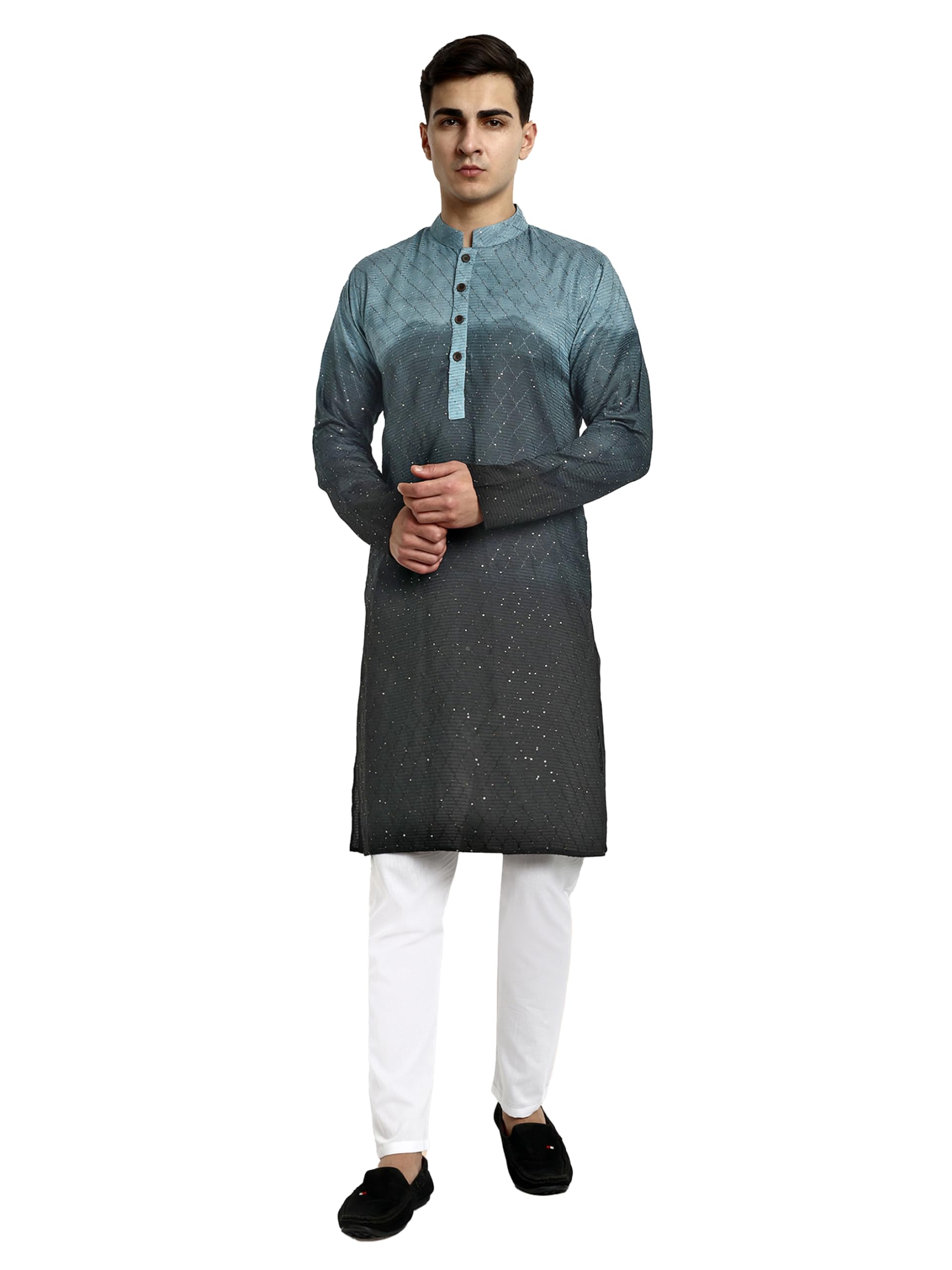 Vardha MenS Cotton Chikankari Embroidered And Sequence Full Sleeve Knee Length Casual Kurta For All Occations Like Wedding, Off