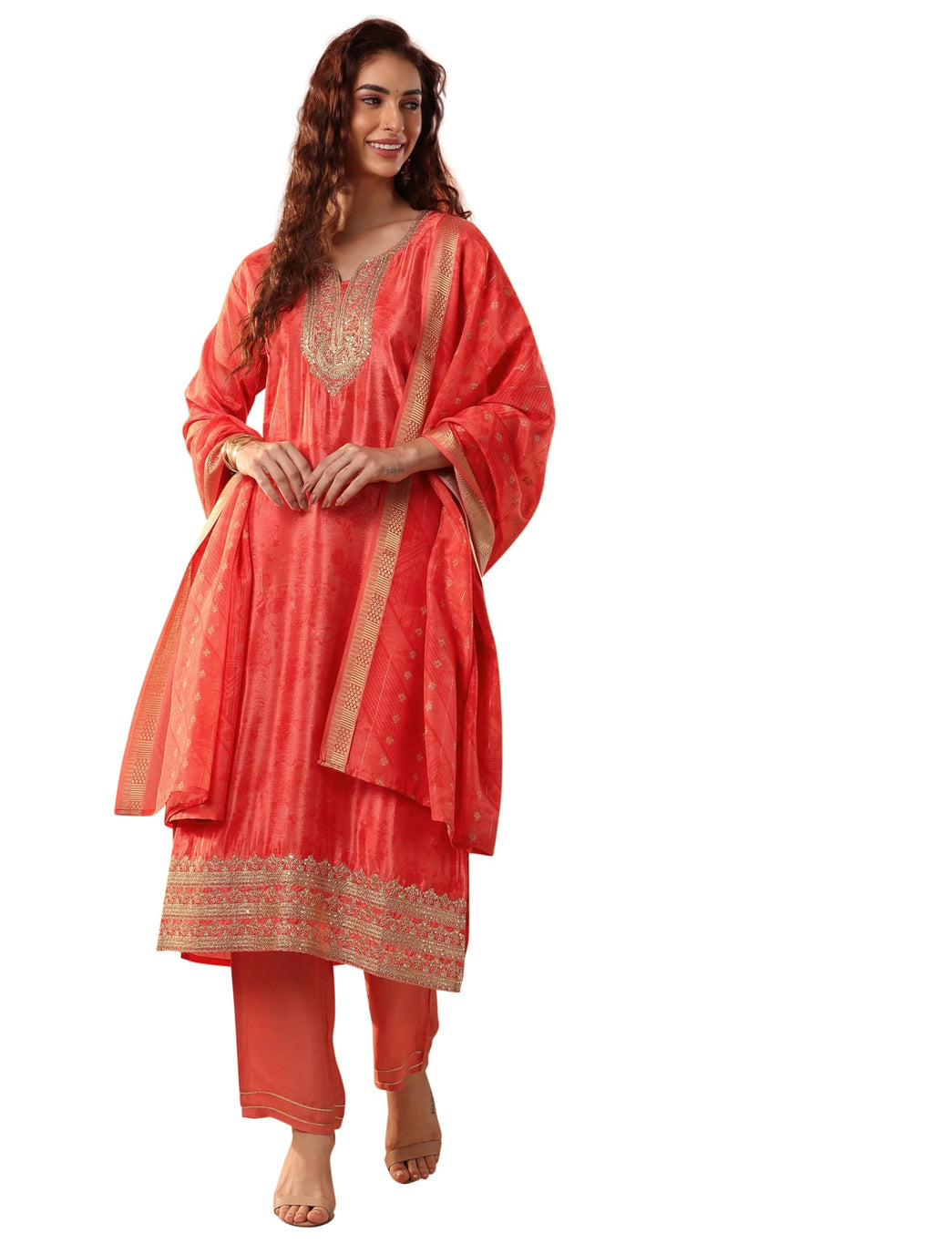 Libas Orange Embellishments Chinon Straight-fit Kurta set for Women (51399XL)