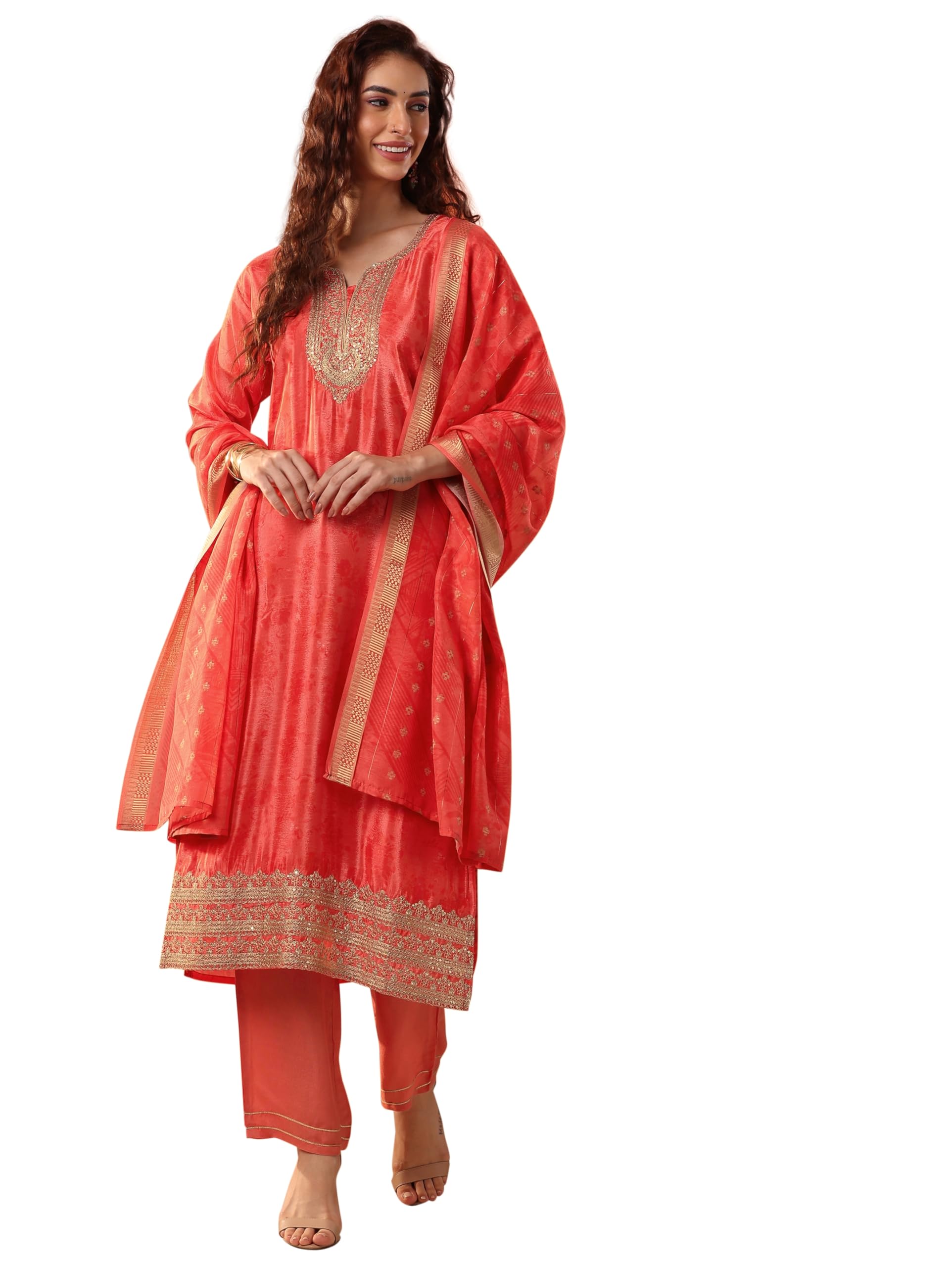 Libas Orange Embellishments Chinon Straight-fit Kurta set for Women (51399XL)
