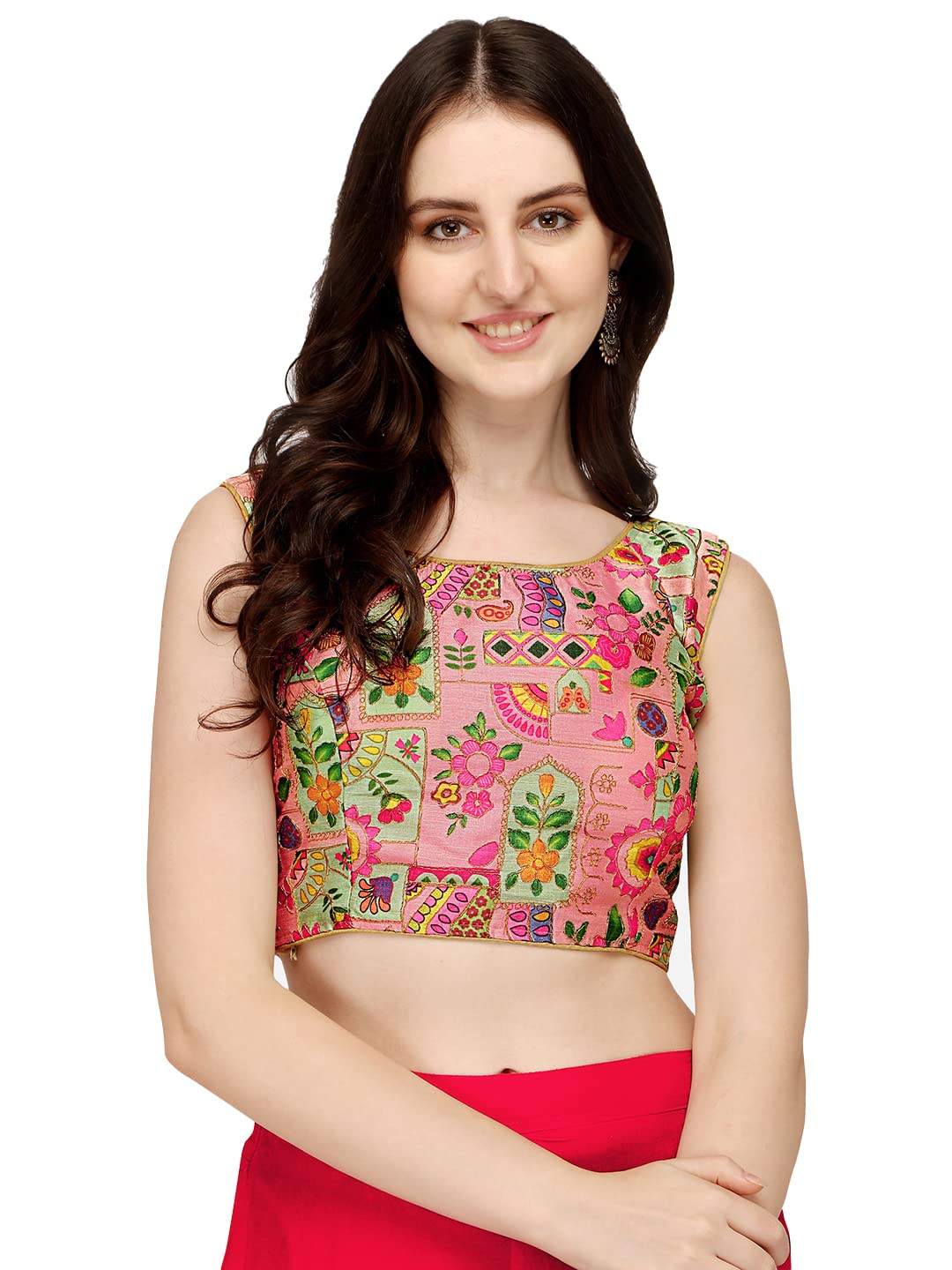 Pujia Mills Womens Phantom Silk Floral Sleeveless Saree Blouse (Position Print 1 Blouse Pink, 34)