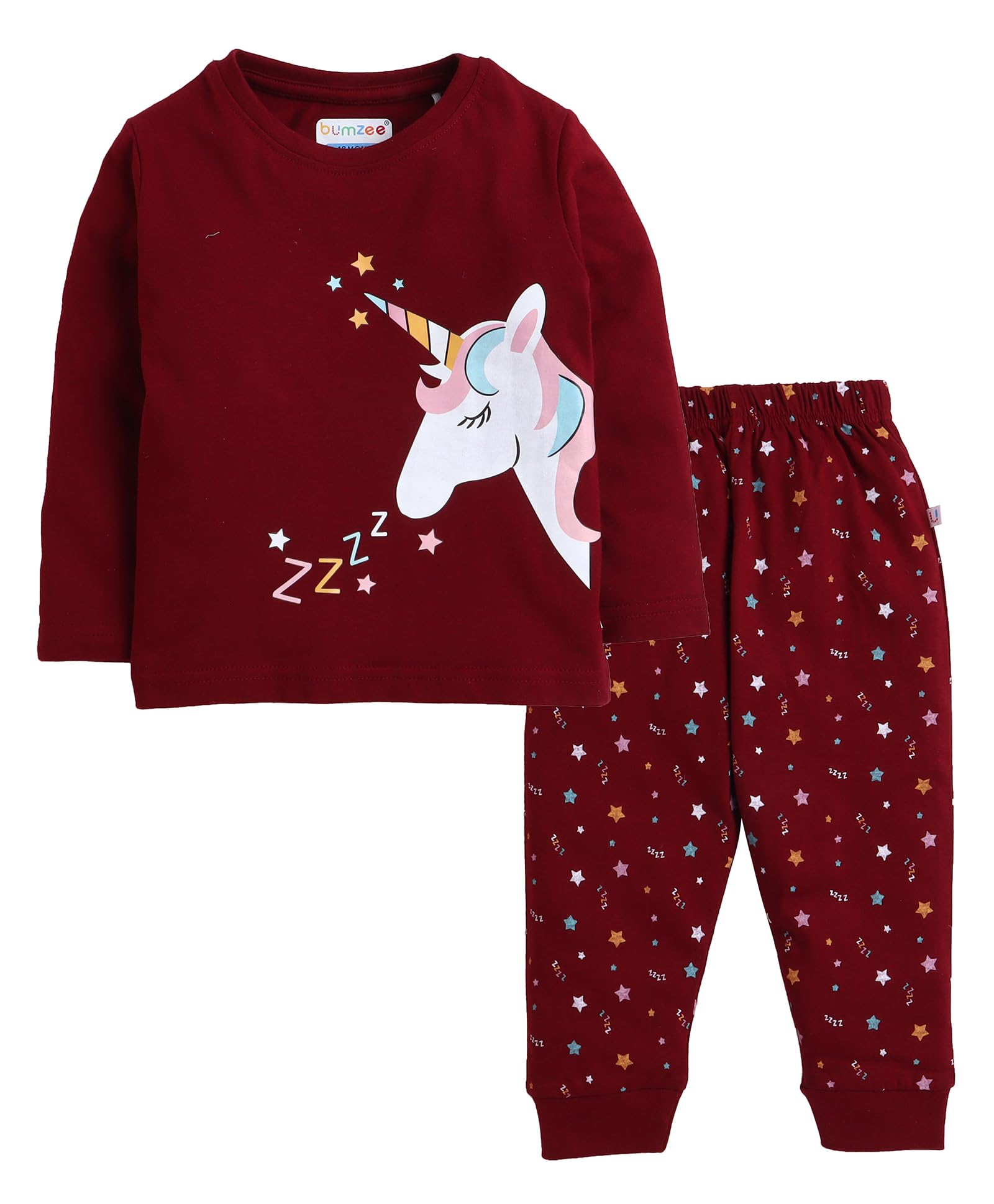 BUMZEE Maroon Girls Full Sleeves T-Shirt And Pajama Set Age - 3-6 Months