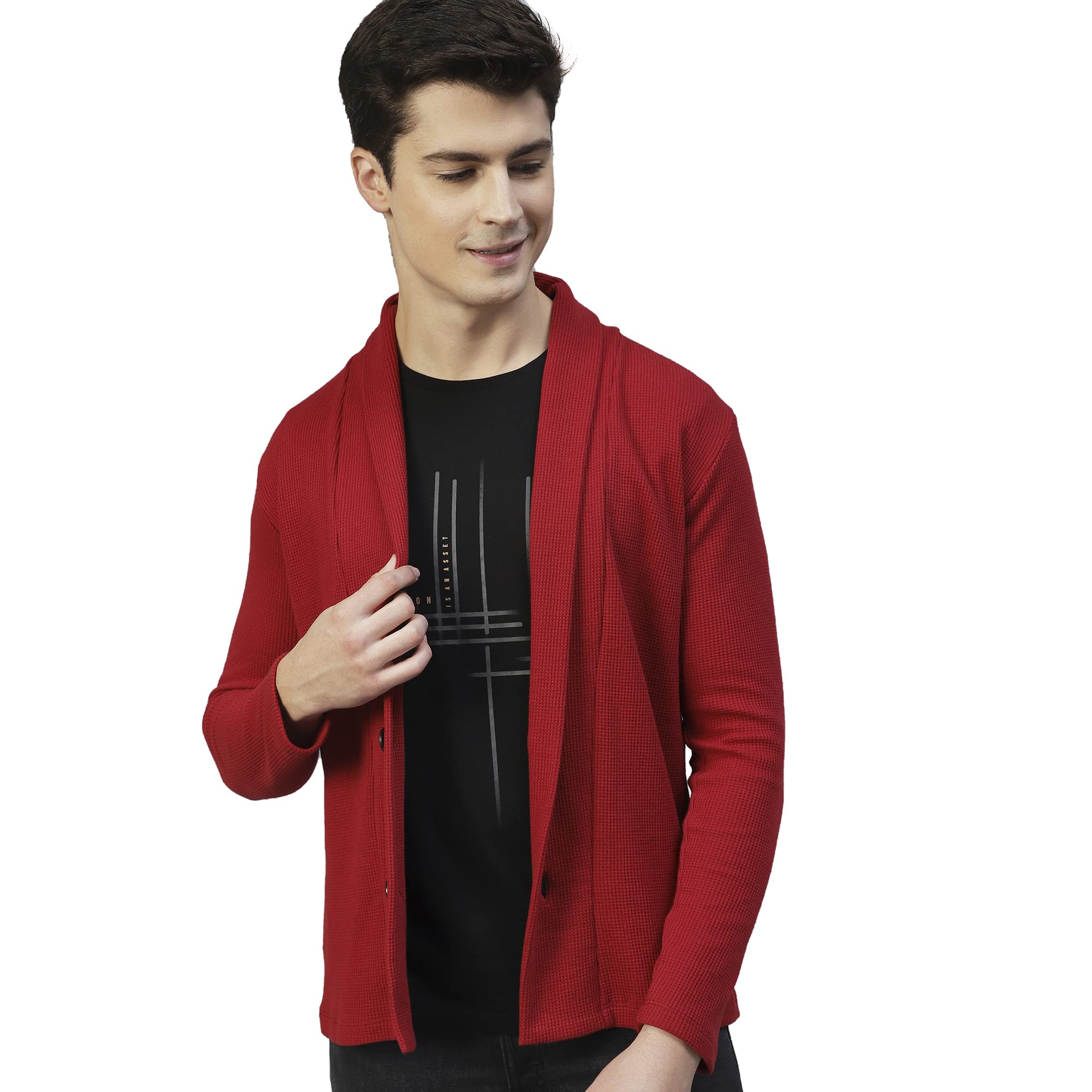 Rigo Waffle Knit Shrug for Men | Full Sleeve, Shawl Collar Cardigan for Men | Best for Casual Wear, Fashion Wear Cardigan Maroon