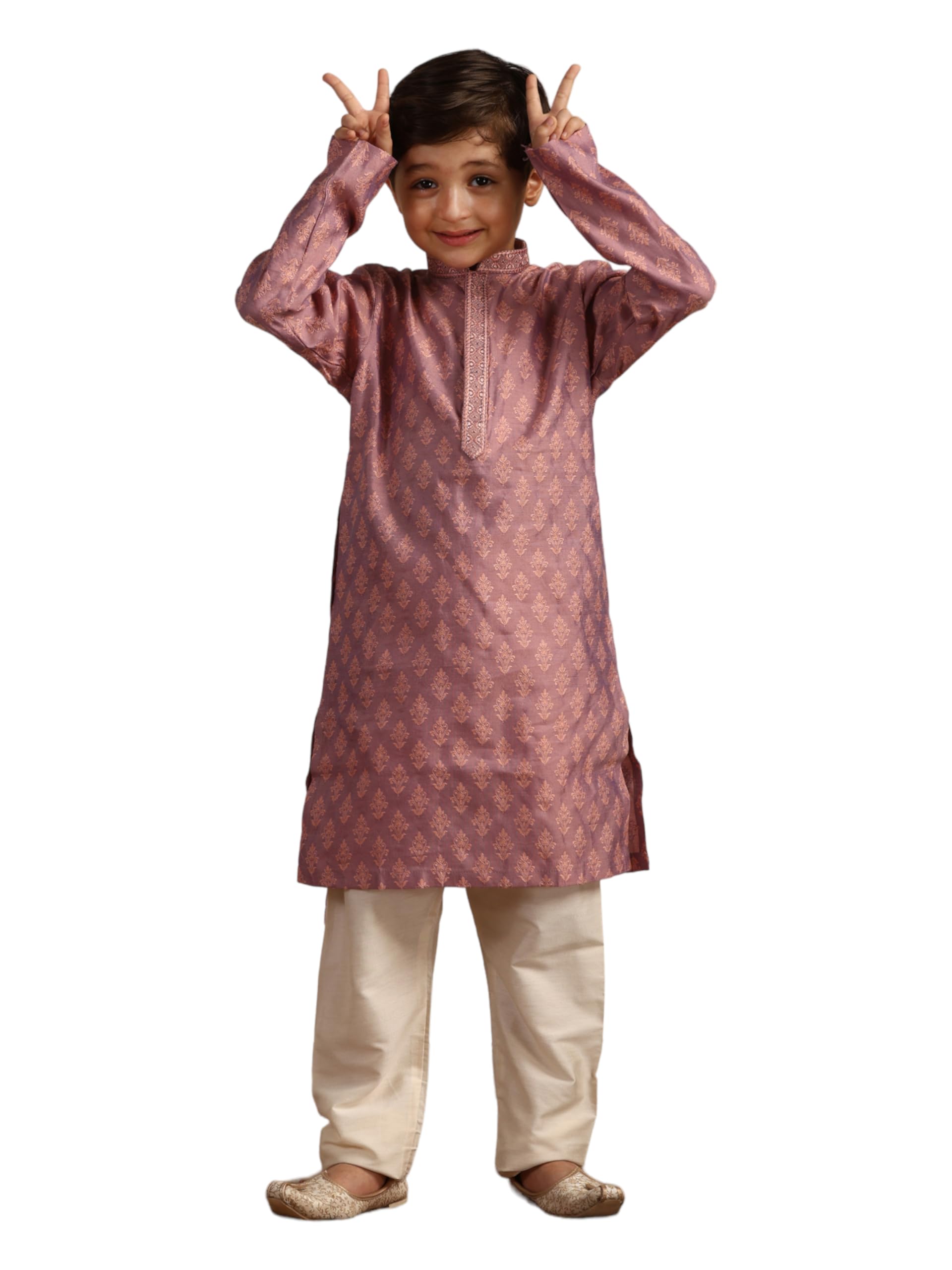Manyavar Boys Pink Blended Viscose Kurta Pyjama Set((6-8 years)