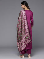 Varanga Women Purple Yoke Embroidered Straight Kurta Paired With Tonal Bottom And Bhagalpuri Printed Dupatta
