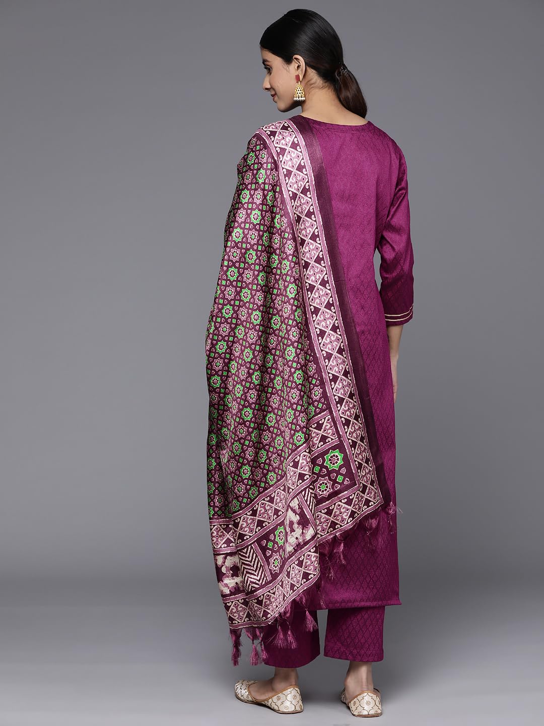 Varanga Women Purple Yoke Embroidered Straight Kurta Paired With Tonal Bottom And Bhagalpuri Printed Dupatta