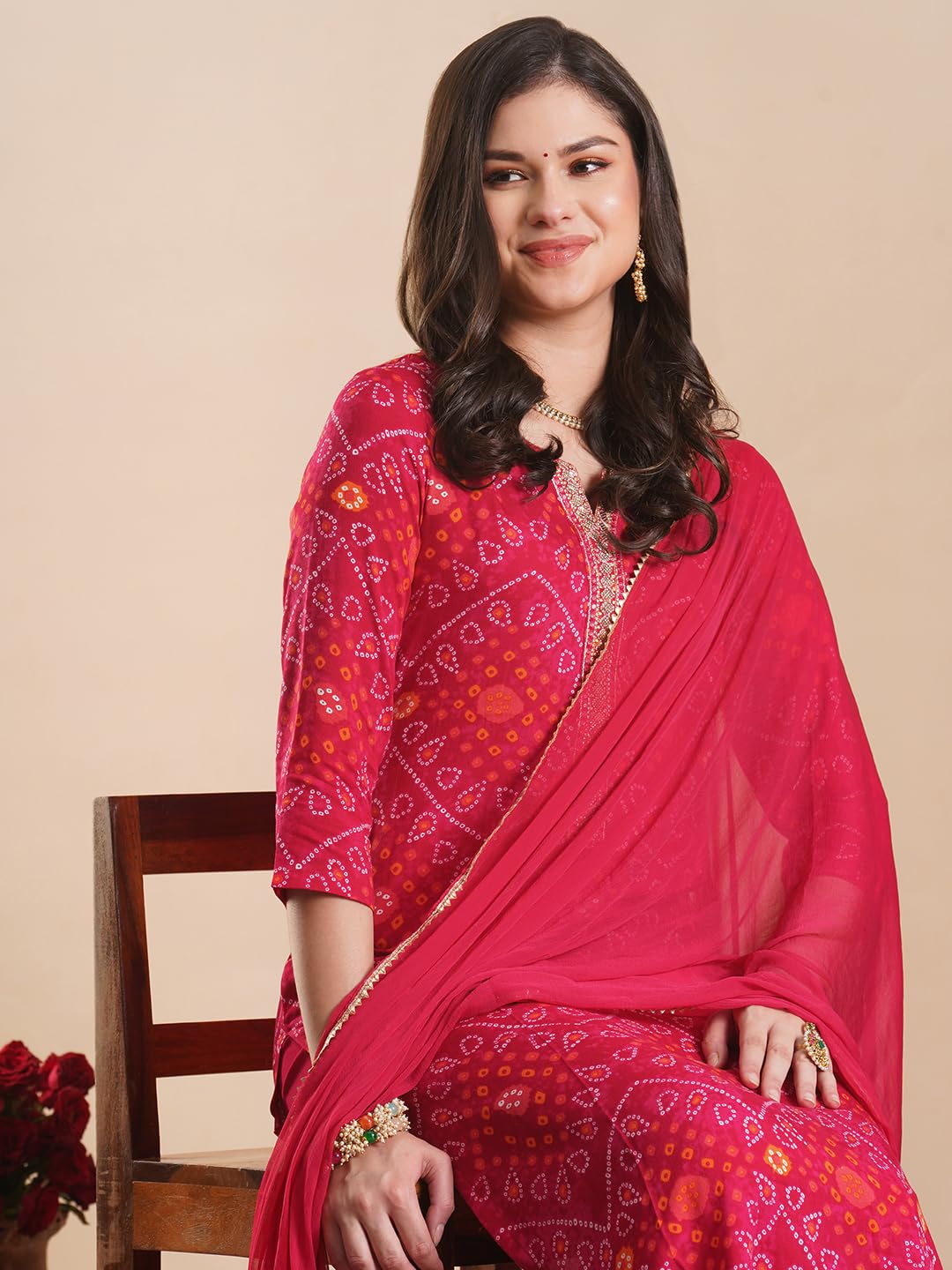 ANNI DESIGNER Women s Rayon Blend Kurta with Pants and Dupatta, Pink, L