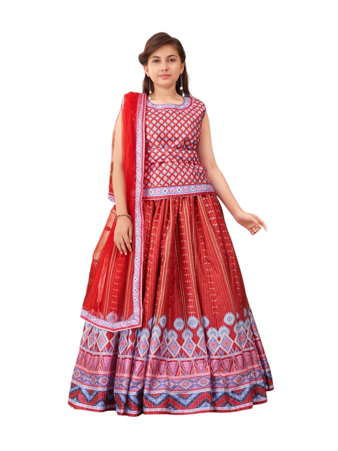 Aarika Girls Ethnic Wear Red Colour Printed Emballished Art Silk Lehenga Choli Set With Belt (12-16 Years)