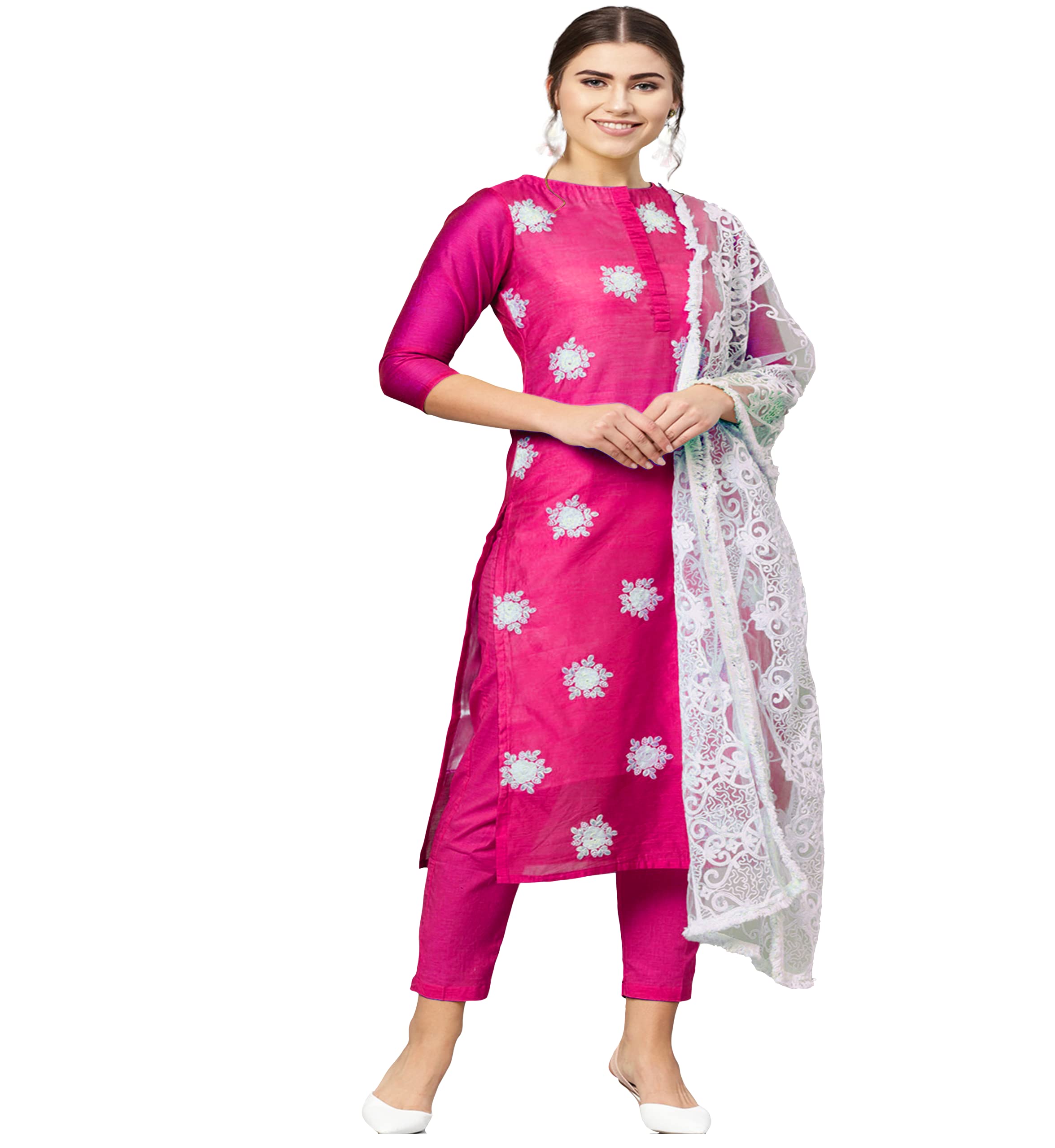 ANNI DESIGNER Womens Ruby Cotton Straight Embroidery Kurti with Pant & Dupatta Set (White-Show Pink_XXL Pink_XX-Large)
